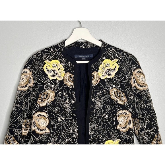 French Connection Floral Embroidery Long Sleeve Open Front jacket Black Size 2 - Picture 3 of 8